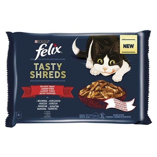 Állateledel alutasakos FELIX Tasty Shreds macskáknak 4-pack házias marha-csirke válogatás szószban 4x80g