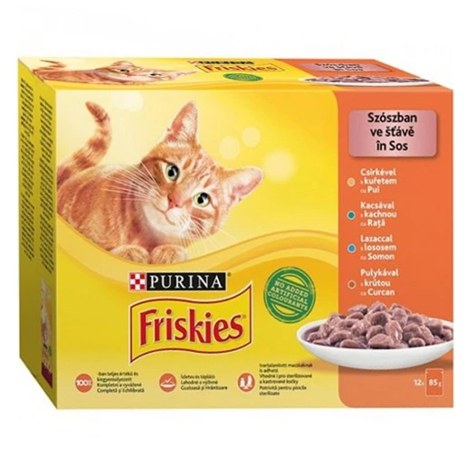 Állateledel alutasakos PURINA Friskies macskáknak csirke-kacsa-lazac-pulyka 12x85g