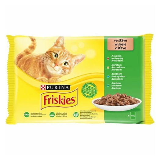 Állateledel alutasakos PURINA Friskies macskáknak marha-csirke-tonhal-tőkehal 4x85g