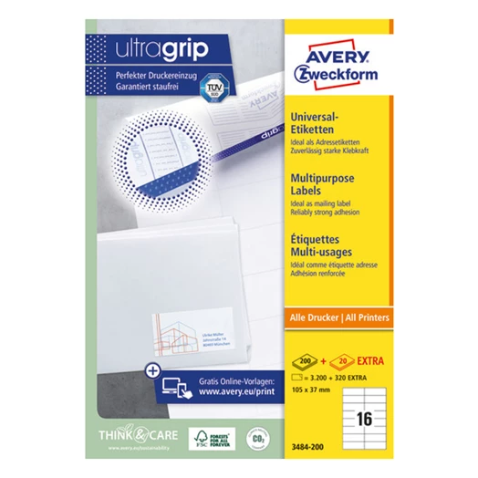 Etikett AVERY 3484-200 105x37 mm fehér univerzális 3520 címke/doboz 200+20 ív/doboz