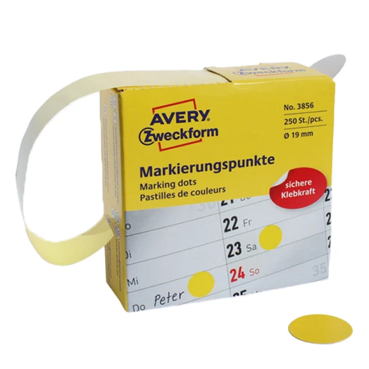 Etikett AVERY 3856 öntapadó jelölőpont adagoló dobozban sárga 19mm 250 jelölőpont/doboz