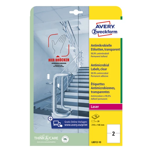 Etikett AVERY L8012-10 210x148mm antimikrobiális átlátszó 20 címke/doboz 10 ív/doboz